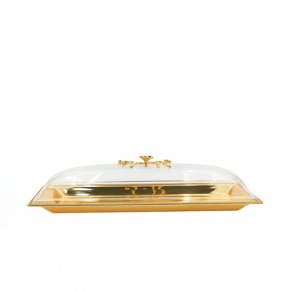 CD-7191 – Gold Rectangular Serving Tray with Decorative Acrylic Lid – 50cm (W) x 16cm (L)