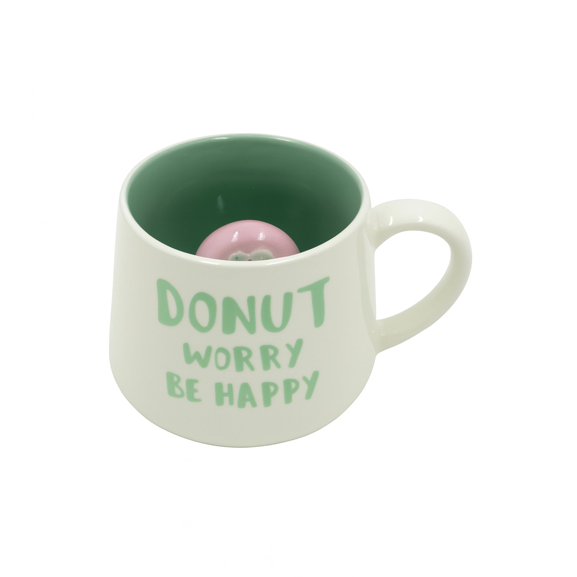 269-14 Ceramic Mug – “Donut Worry Be Happy” Design – Donut Inside – Green & White
