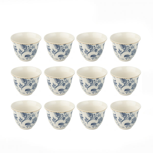 GP-85 Cawa Cup Set – 12-Piece – Blue Floral Design with Gold Rim
