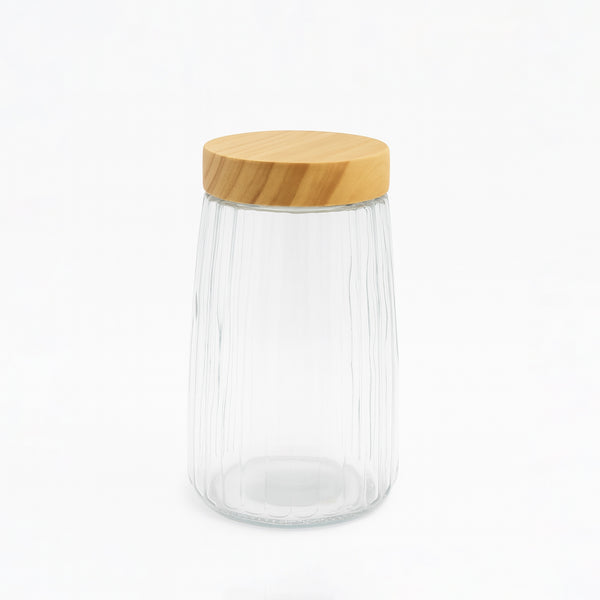 VG367 Glass Storage Jar with Wooden Lid – 1780ml –  Ribbed Clear Design