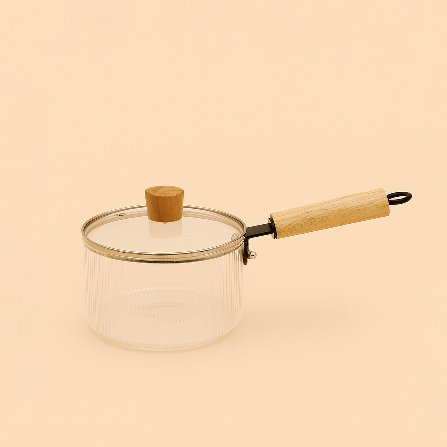 GLA24546 – Glass Cooking Pot 16 cm (D) –  Clear Pot with Wooden Handle & Lid