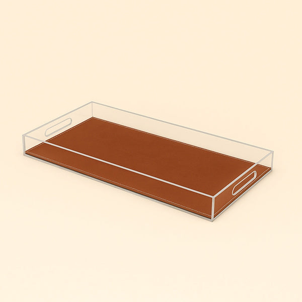 Acrylic Rectangular Tray with Leather Base – 30 x 50 x 5 cm – Brown – TR0024