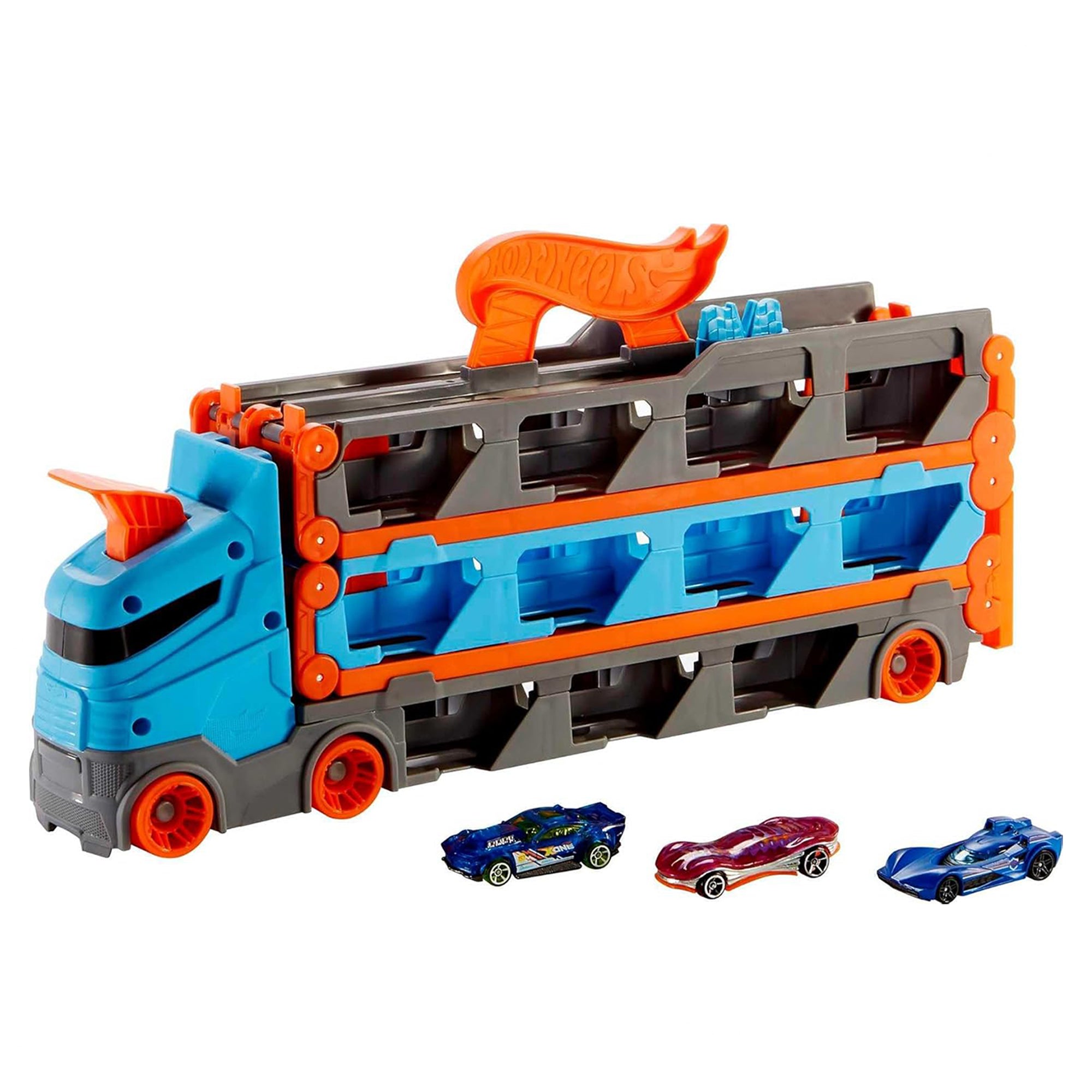 GVG37 Hot Wheels City Speedway Hauler – Car Carrier Truck with 3 Vehicles