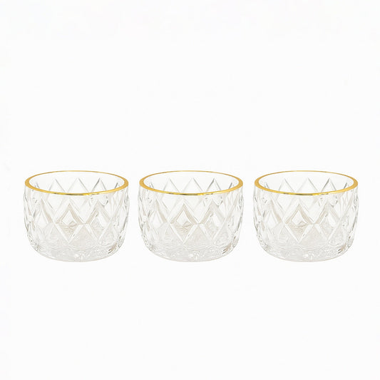 GER6604 – Glass Ice Cream Bowl – 3-Piece Set – Clear Textured Bowls with Gold Rim