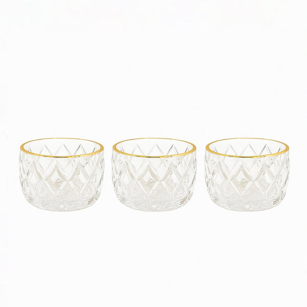 GER6604 – Glass Ice Cream Bowl – 3-Piece Set – Clear Textured Bowls with Gold Rim