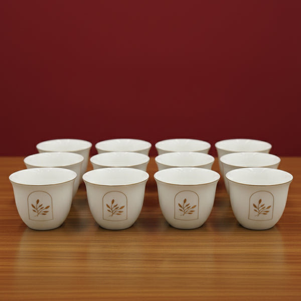 5866G Cawa Cup Set – 12-Piece Elegant White Design with Gold Leaf Motif & Rim