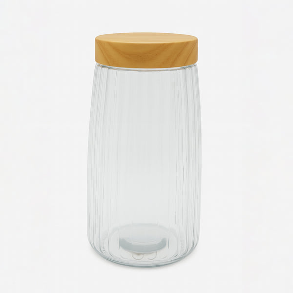 VG366 Glass Storage Jar with Wooden Lid – 2120ml –  Ribbed Clear Design