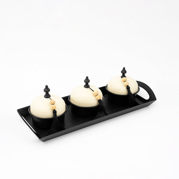 25236-12 – Sweet Bowl 3-Piece Set with Tray – Black & Cream Design with Decorative Tassels
