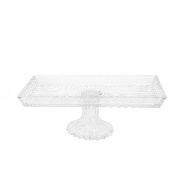 1598-3 Glass Fruit Stand – 32cm (L) x 16cm (W) x 12cm (H) – Elegant Rectangular Ribbed Pedestal Serving Tray