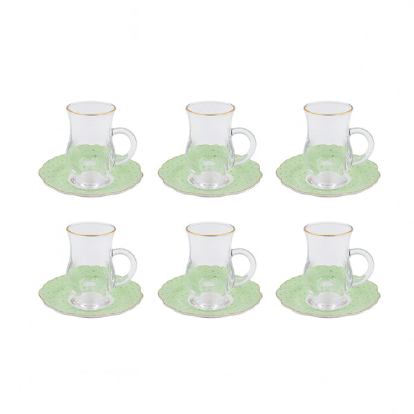 MA-23 Tea Cup & Saucer Set – 12-Piece – Clear Glass with Green Polka-Dot Saucers