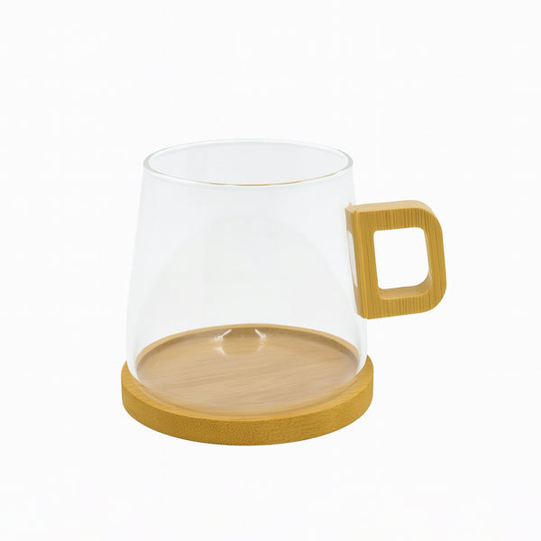 GH829 Glass Cup – Clear Glass Mug with Wooden Handle & Base