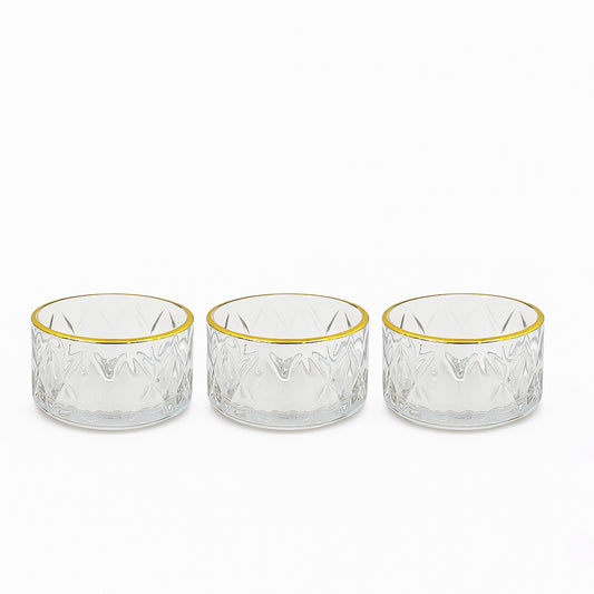 GER6618 – Glass Ice Cream Bowl – 3-Piece Set – Clear Diamond-Cut Bowls with Gold Rim