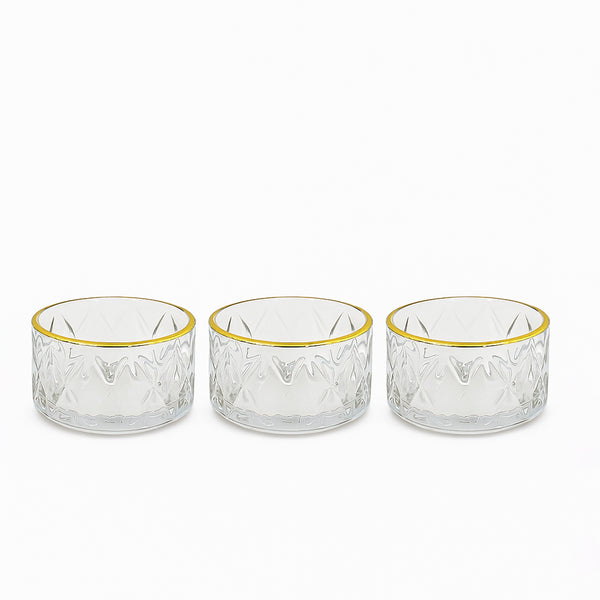 GER6618 – Glass Ice Cream Bowl – 3-Piece Set – Clear Diamond-Cut Bowls with Gold Rim