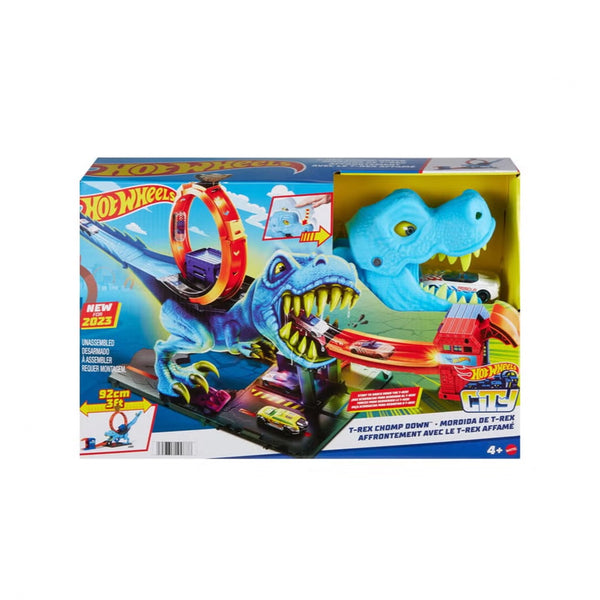 HKX42 Hot Wheels City T-Rex Chomp Down – Dino Attack Playset with Car