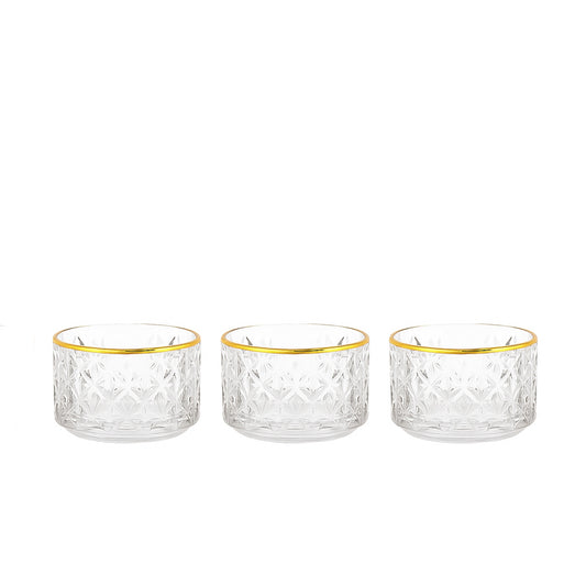 GER6620 – Glass Ice Cream Bowl – 3-Piece Set – Clear Star-Cut Patterned Bowls with Gold Rim