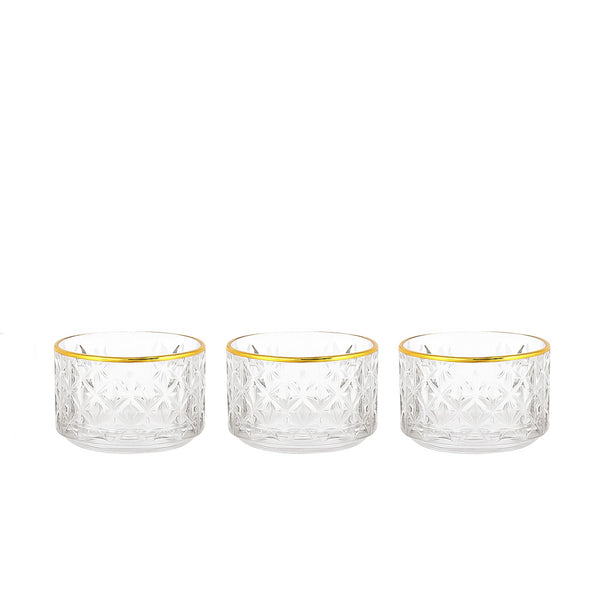 GER6620 – Glass Ice Cream Bowl – 3-Piece Set – Clear Star-Cut Patterned Bowls with Gold Rim