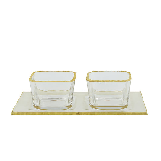 VG217 – Glass Tray with 2 Bowls – Clear Square Design with Elegant Gold Rim