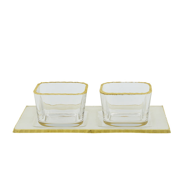 VG217 – Glass Tray with 2 Bowls – Clear Square Design with Elegant Gold Rim