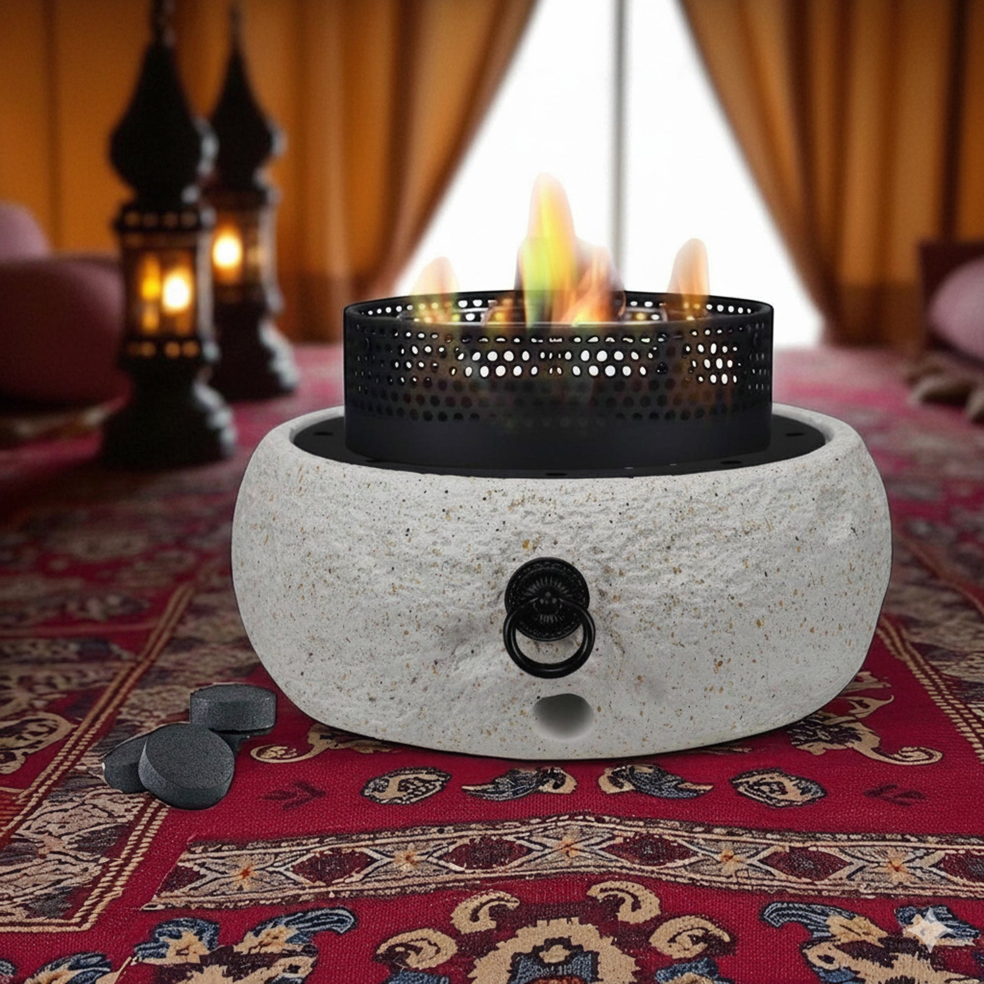 R251584-213 موقد شواء خارجي VIP - 31 × 31 × 19 سم - تصميم دائري صغير الحجم على شكل حجر مع حلقة مقبض