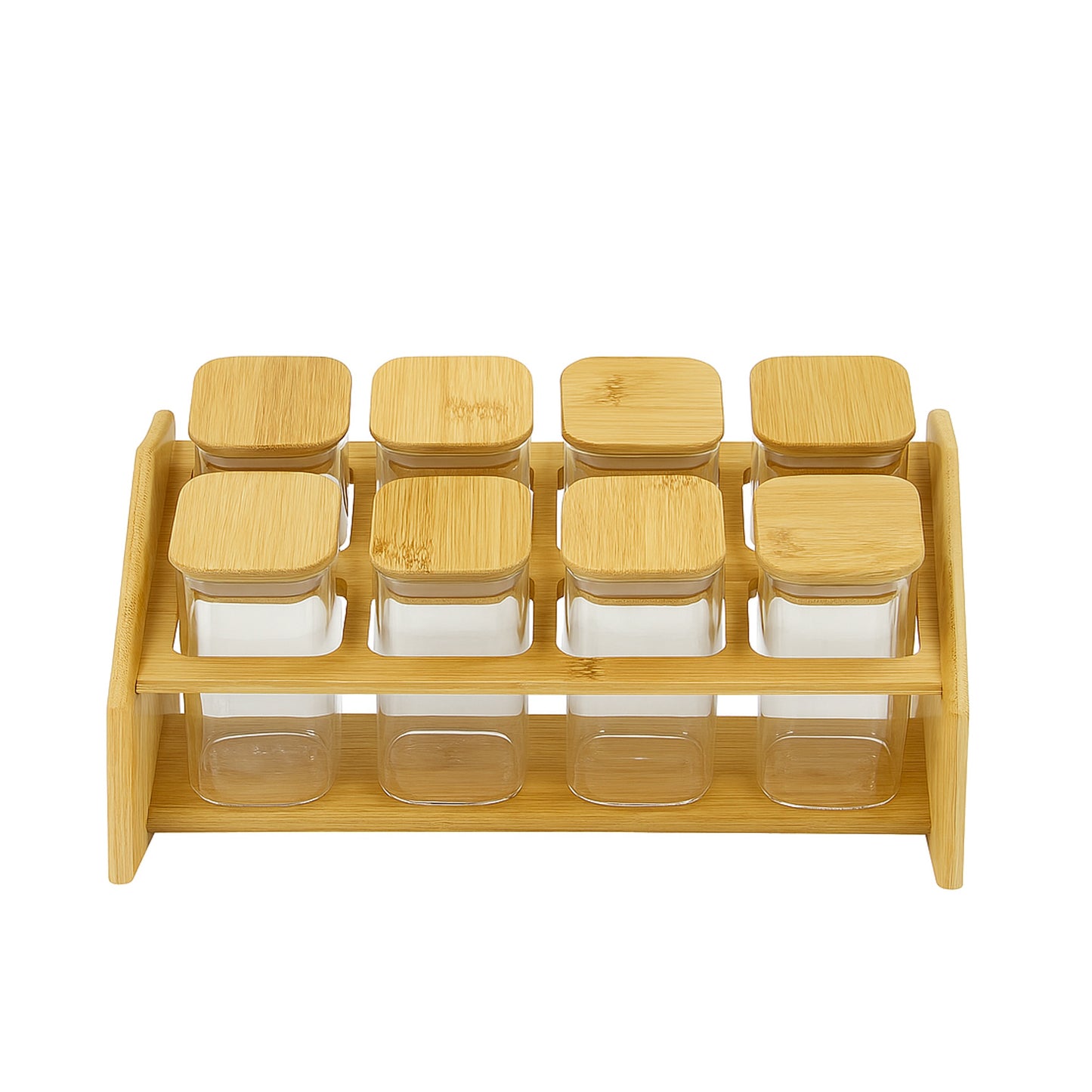 1716 – Spice Rack Set – 8 Square Glass Jars with Bamboo Lids & Wooden Stand