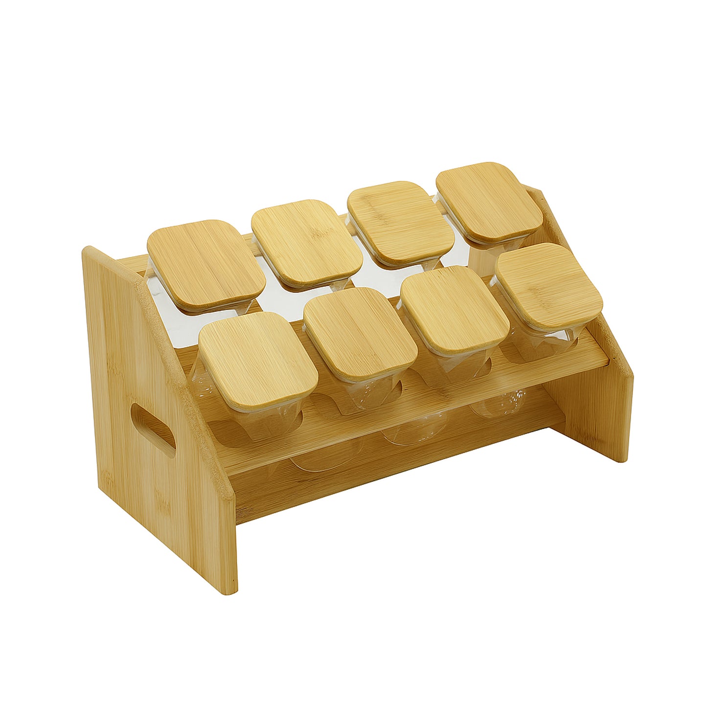 1716 – Spice Rack Set – 8 Square Glass Jars with Bamboo Lids & Wooden Stand
