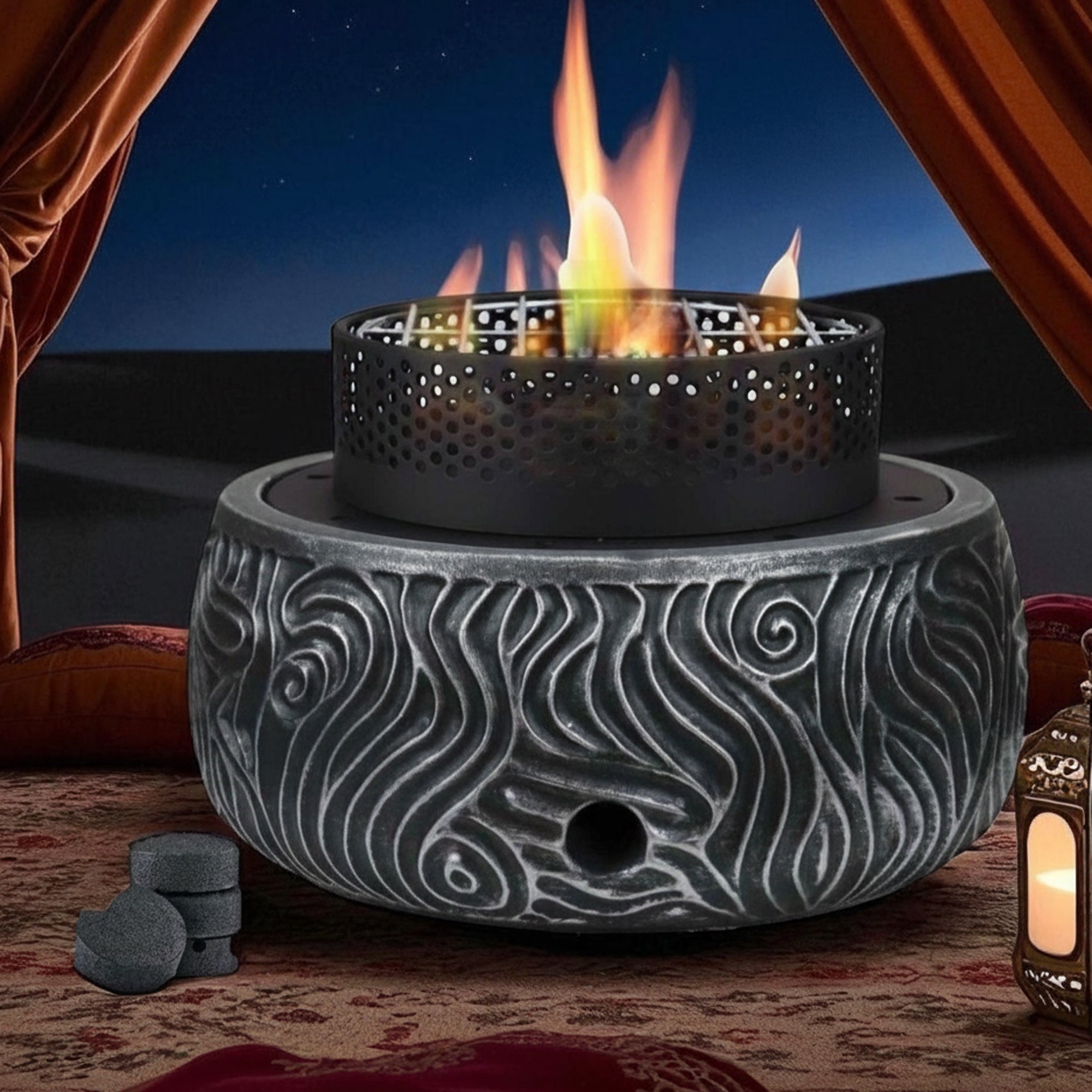 R251585-224 موقد شواء خارجي VIP - 31 × 31 × 19 سم - تصميم مدمج على شكل دوامة حجرية مزخرفة