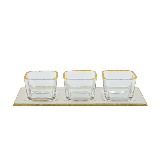 VG218 – Glass Tray with 3 Bowls – Clear Square Design with Elegant Gold Rim