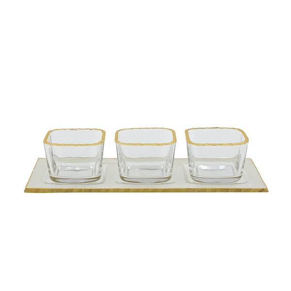 VG218 – Glass Tray with 3 Bowls – Clear Square Design with Elegant Gold Rim