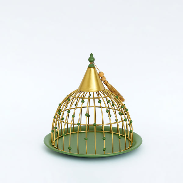 25236-72 – Fruit Tray with Lid – 28cm (D) – Green & Gold Dome Cover Design