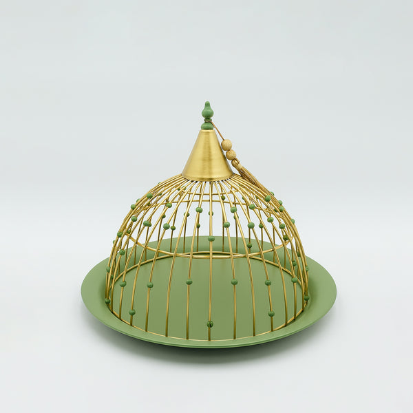 25236-73 – Fruit Tray with Lid – 35cm (D) – Green & Gold Dome Cover Design