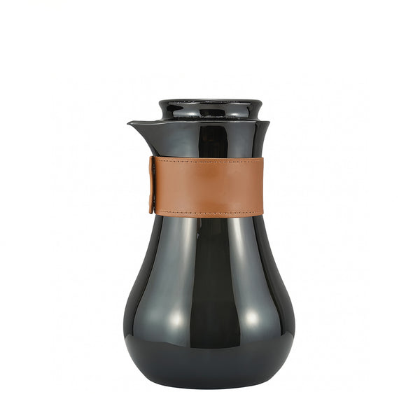 TSC09Q Vacuum Flask – 0.7 L – Jet Black with Brown Leather Grip Handle
