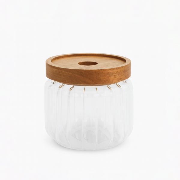 81120-16 Glass Jar with Wooden Lid – 9cm (H) – Clear Storage Container