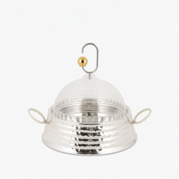 HY780 Candy Bowl with Dome Cover – 18cm (D) – Silver with White Handles