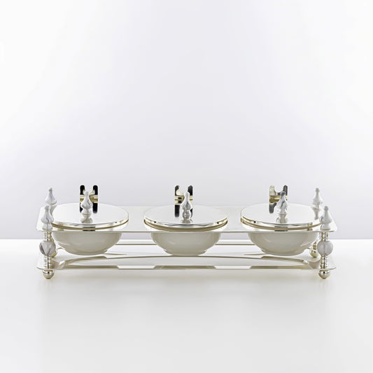 HM4105-S Candy Box 3 Section – Elegant Silver Finish with Lidded Bowls and Decorative Stand