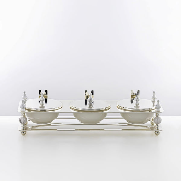 HM4105-S Candy Box 3 Section – Elegant Silver Finish with Lidded Bowls and Decorative Stand