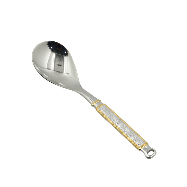 CUT0010297 Stainless Steel Flat Rice Spoon – Small – Silver with Gold Accent Handle