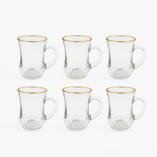 VG307W – Glass Tea Cup – 6-Piece Set – Clear Tea Cups with Handle & Gold Rim