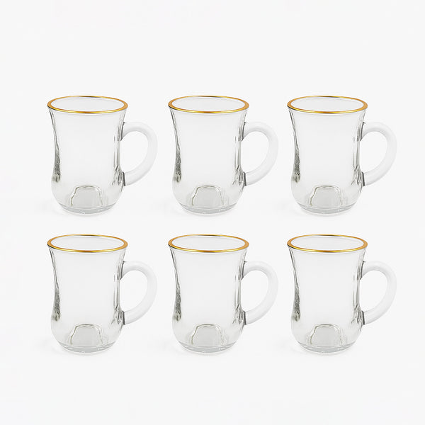 VG307W – Glass Tea Cup – 6-Piece Set – Clear Tea Cups with Handle & Gold Rim