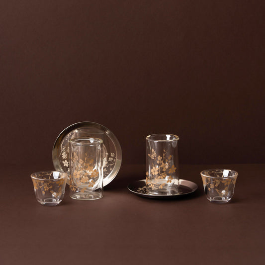 GT1120 Tea & Cawa Cup Set – 18-Piece – Elegant Clear Glass Design with Gold Floral & Butterfly Motif for Arabic Serving