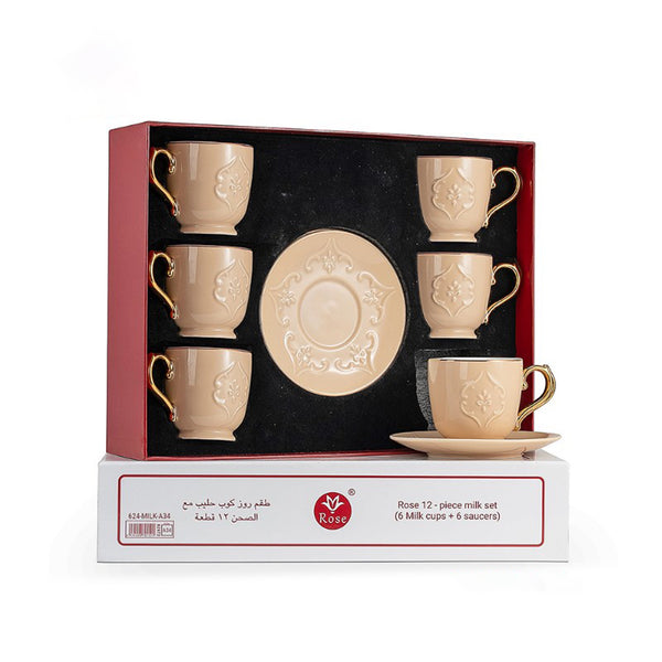 624 Rose Milk Tea Cup Set – 12-Piece Elegant Beige Design