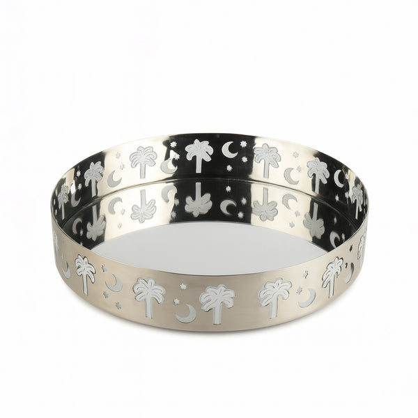 MD-1078H Tray – 35cm(D) x 7cm(H) – Silver Finish with Palm Tree and Crescent Design