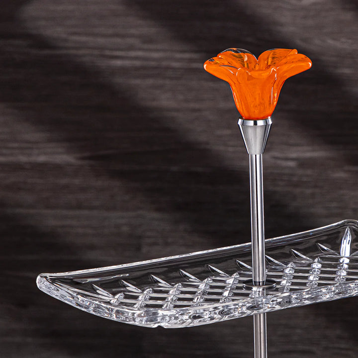 Clear glass tray with an orange flower-shaped object on a dark background