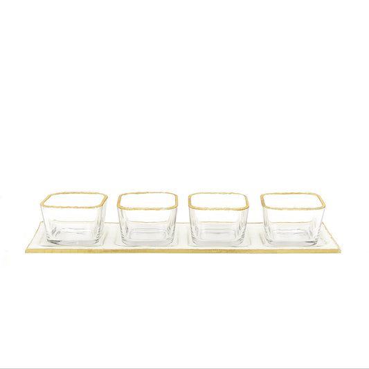 VG219 – Glass Tray with 4 Bowls – Clear Square Design with Elegant Gold Rim