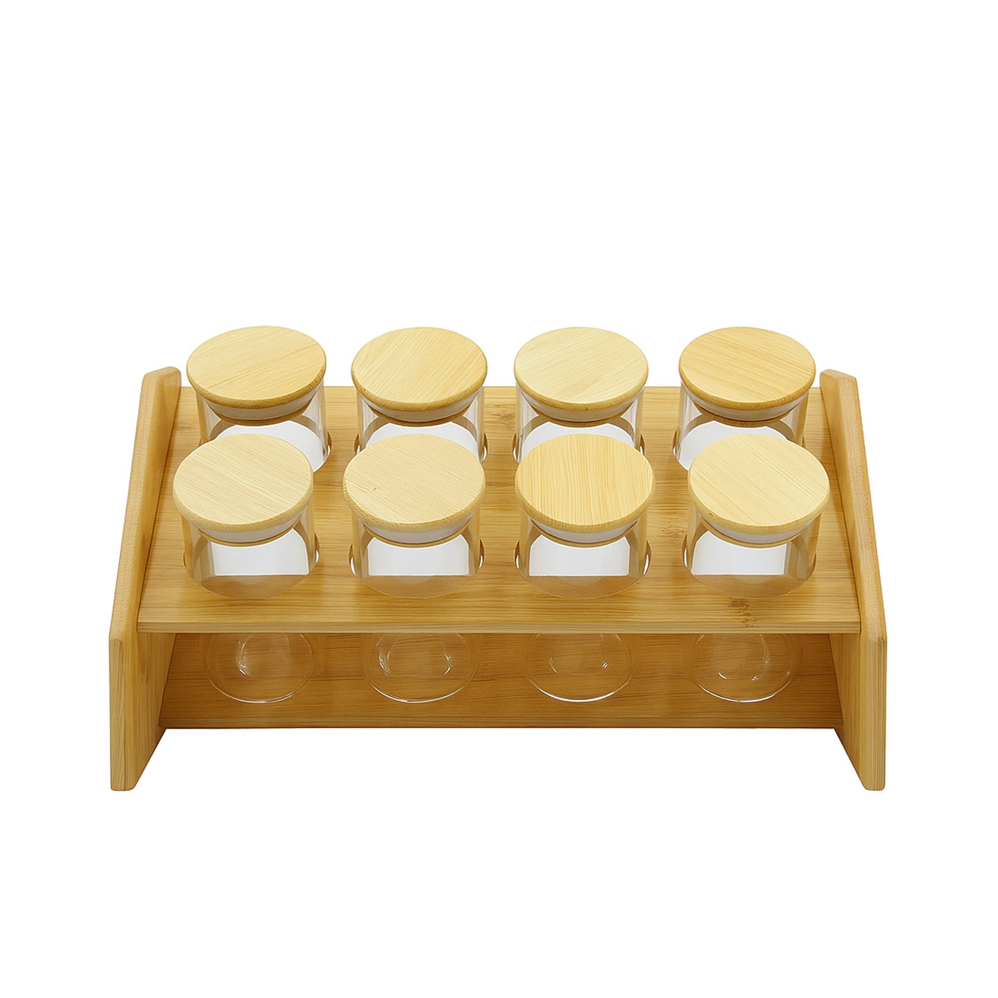 1715 – Spice Rack Set – 8 Round Glass Jars with Bamboo Lids & Wooden Stand