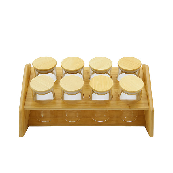 1715 – Spice Rack Set – 8 Round Glass Jars with Bamboo Lids & Wooden Stand