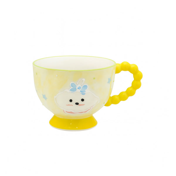 1516-06 Ceramic Mug – Yellow Cartoon Design with Bubble Handle and Pedestal Base