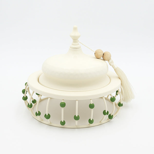 25236-67 – Fruit Tray with Lid – 20cm (D) – Cream with Green Bead Design