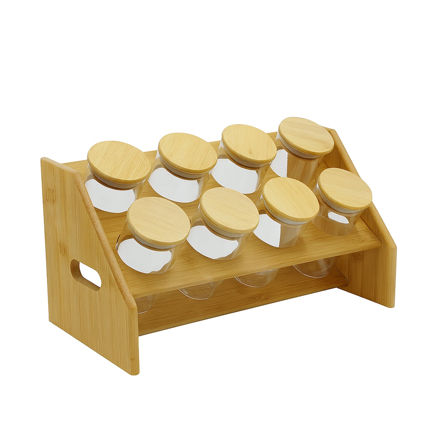 1715 – Spice Rack Set – 8 Round Glass Jars with Bamboo Lids & Wooden Stand