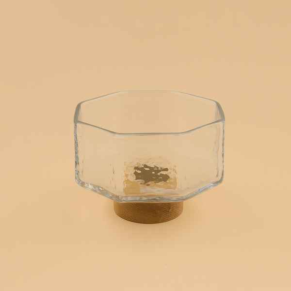 VG505 – Glass Bowl with Wooden Base – 13cm (D)