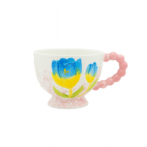 1516-18 Ceramic Mug – Blue & Yellow Design with Pink Handle and Pedestal Base